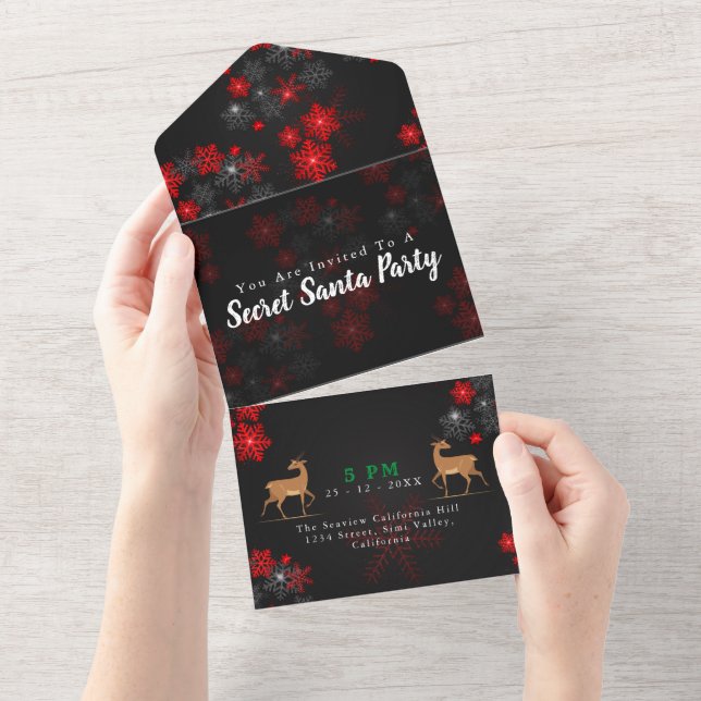 Ho Ho Red Black Snowflakes Christmas Secret Santa All In One Invitation (Tearaway)