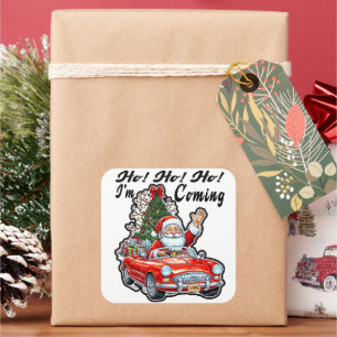 Ho Ho Santa Driving Red Classic Car Square Sticker