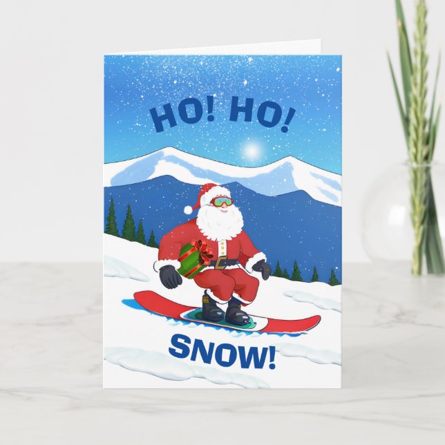 Ho Ho Snow Christmas Santa Claus Snowboarding  Holiday Card (Front)