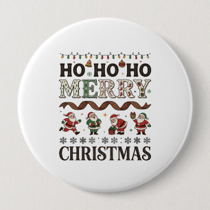Ho Merry Christmas Santas Plaid Ribbon 4 Inch Round Button