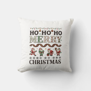 Ho Merry Christmas Santas Plaid Ribbon Throw Pillow