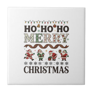 Ho Merry Christmas Santas Plaid Ribbon Tile