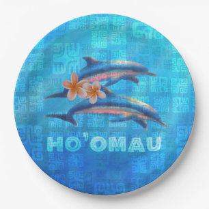 HO’OMAU Hawaiian Dolphins Primitive Collage Paper Plate