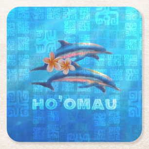 HO’OMAU Hawaiian Dolphins Primitive Collage Square Paper Coaster