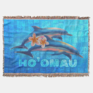 HO’OMAU Hawaiian Dolphins Primitive Collage Throw Blanket