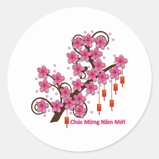 Hoa Dao Happy New Year Classic Round Sticker (Front)