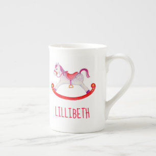 Hobby horse whimsy watercolor art red custom name bone china mug
