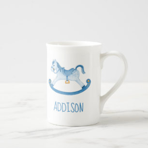 Hobby horse whimsy watercolor blue custom name bone china mug