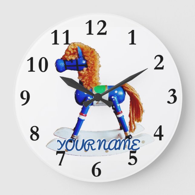 Hobby Horse with Name Large Clock (Front)