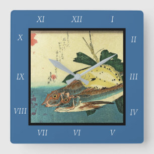 Hobo & Karei - Hiroshige's Japanese Fish Print Square Wall Clock
