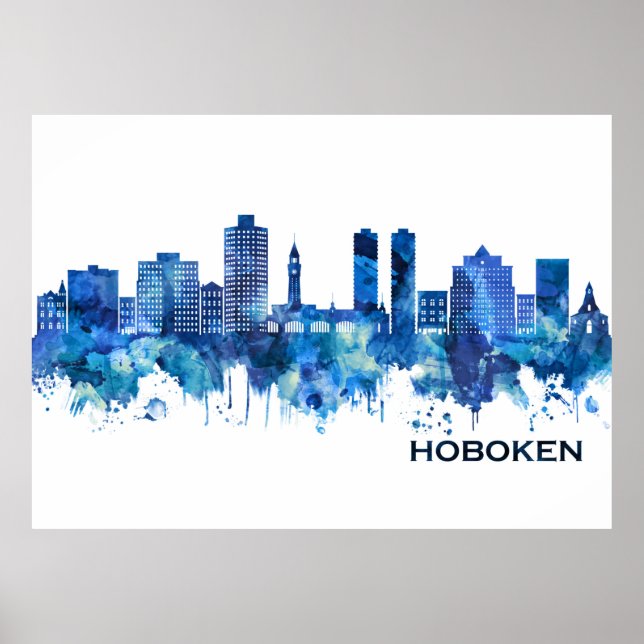Hoboken New Jersey Skyline Blue Poster (Front)