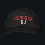 HOBOKEN NJ Red and White on Black Vintage Style Embroidered Hat<br><div class="desc">HOBOKEN NJ Red and White embroidery on Black distressed vintage style cotton hat. Embroidery is customizable to other colour choices by selecting the "Edit Design" tool button. Also available is the option to select choice of hat colour on the main item page.</div>