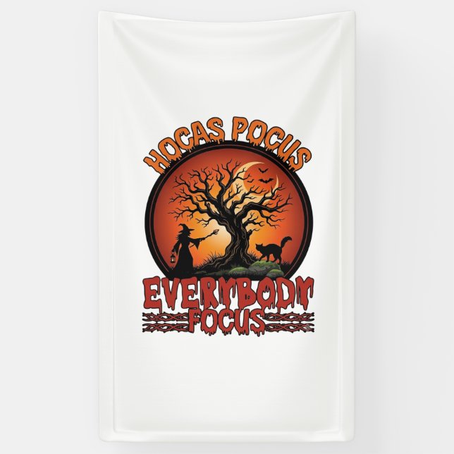 Hocas Pocus Everybody Focus Spooky Tree Witch Cat Banner (Vertical)