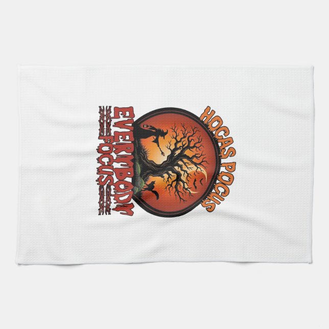 Hocas Pocus Everybody Focus Spooky Tree Witch Cat Kitchen Towel (Horizontal)