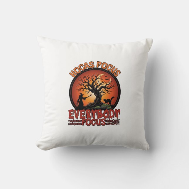 Hocas Pocus Everybody Focus Spooky Tree Witch Cat Throw Pillow (Front)