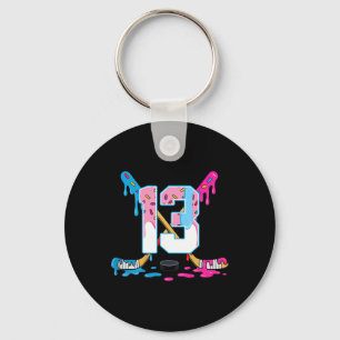 Hockey 13 Years Old Ice Cream Drip 13th Birthday K Keychain