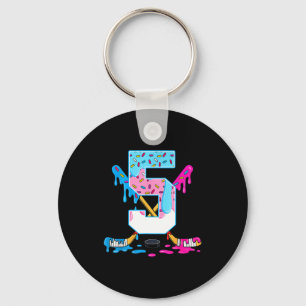Hockey 5 Years Old Ice Cream Drip 5th Birthday Kid Keychain