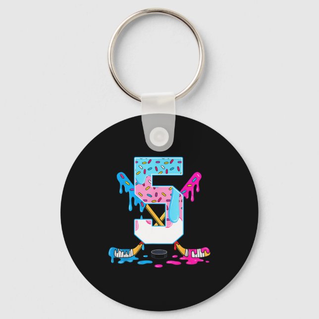 Hockey 5 Years Old Ice Cream Drip 5th Birthday Kid Keychain (Front)
