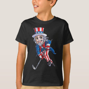 Hockey American Flag  4th of July Kids Boys Uncle  T-Shirt