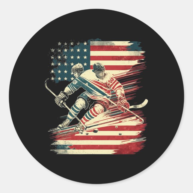 Hockey American Flag Patriotic USA  Classic Round Sticker (Front)