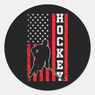 Hockey American USA Flag Men Boys 4th of July Hock Classic Round Sticker