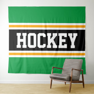 HOCKEY Athletic Bright Green Black Yellow Stripes Tapestry