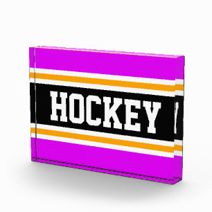 HOCKEY Athletic Bright Pink Black Yellow Stripes Photo Block