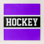 HOCKEY Athletic Bright Purple Black White Stripes  Jigsaw Puzzle<br><div class="desc">This fun,  athletic design features bold HOCKEY text inside a wide black stripe highlighted with white stripes against a bright purple background.  The colours and text can be personalized.</div>