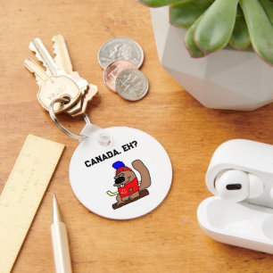 Hockey Beaver Cartoon in Red Maple Leaf Shirt Keychain