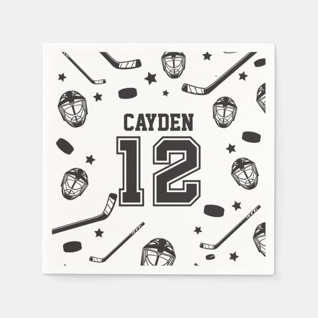 Hockey black and White 12th Birthday Napkin (Front)