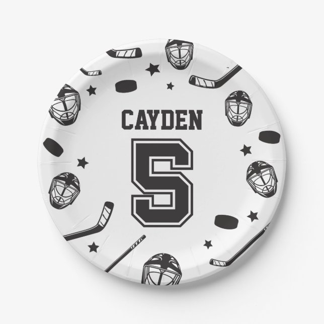Hockey black and White 5th Birthday Paper Plate (Front)