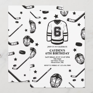 Hockey black and White 6th Birthday Invitation