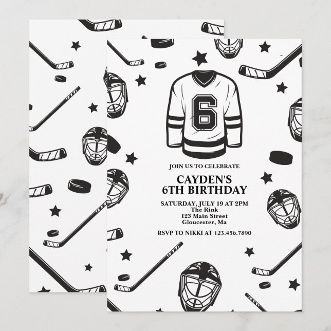 Hockey black and White 6th Birthday Invitation (Front/Back)