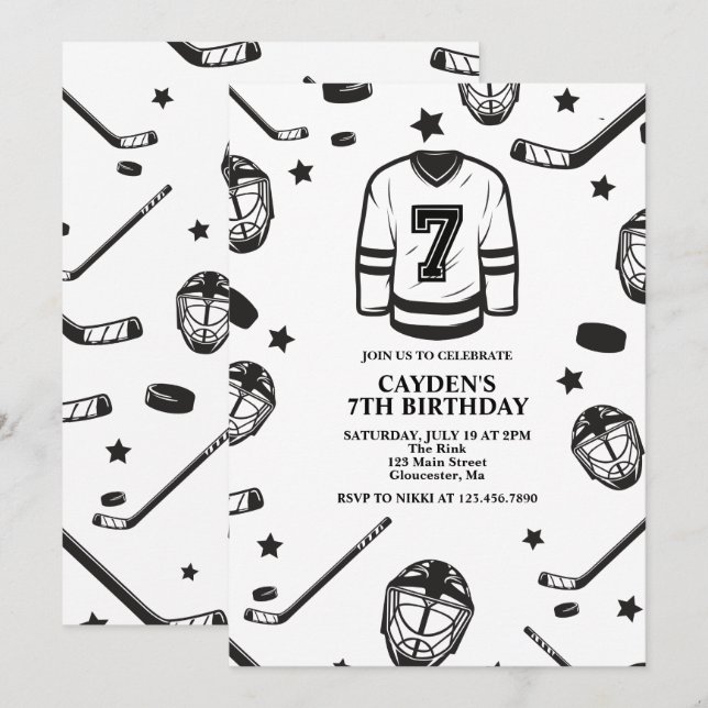 Hockey black and White 7th Birthday Invitation (Front/Back)
