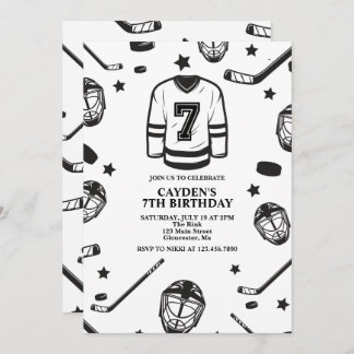 Hockey black and White 7th Birthday Invitation