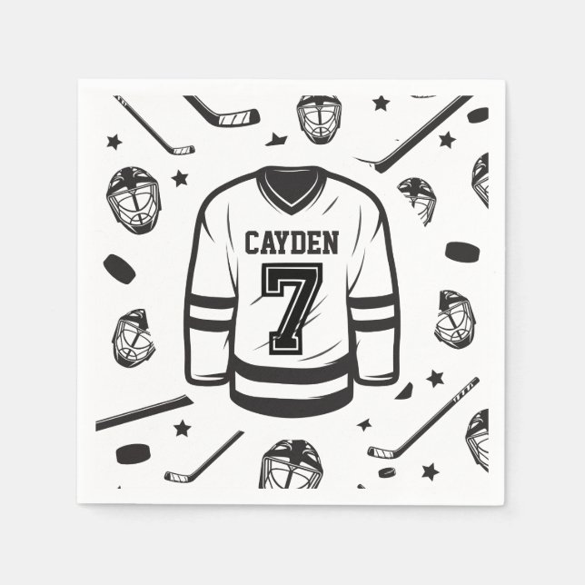 Hockey black and White 7th Birthday Napkin (Front)