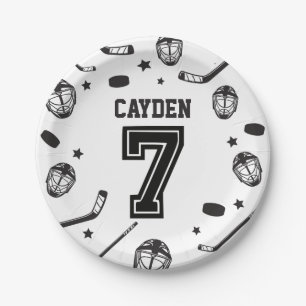 Hockey black and White 7th Birthday Paper Plate