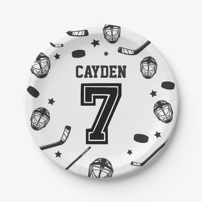 Hockey black and White 7th Birthday Paper Plate (Front)