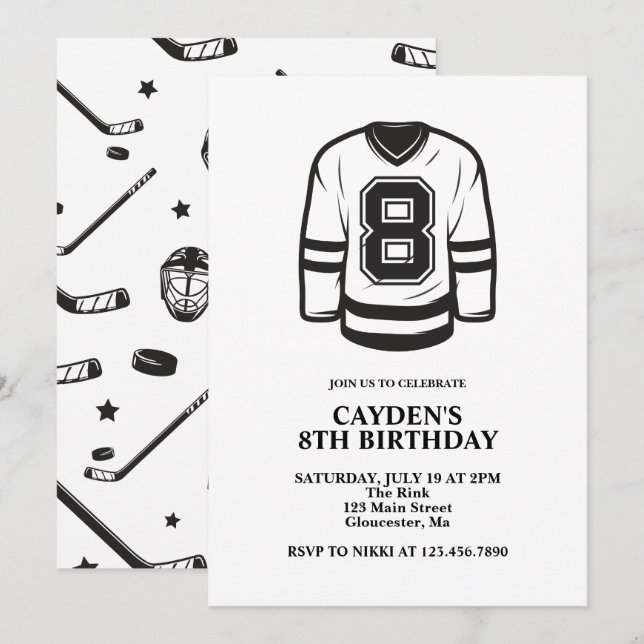 Hockey black and White 8th Birthday Invitation (Front/Back)