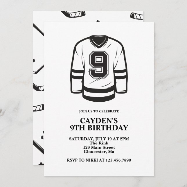 Hockey black and White 9th Birthday Invitation (Front/Back)