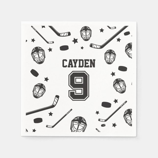 Hockey black and White 9th Birthday Napkin (Front)