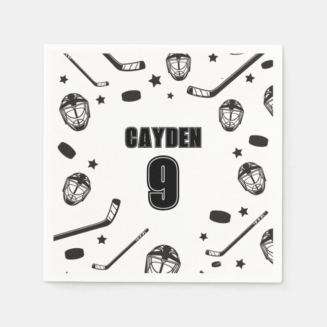 Hockey black and White Birthday Napkin (Front)