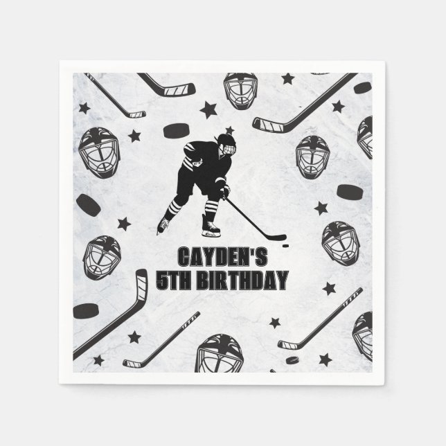 Hockey black and White Birthday Napkin (Front)