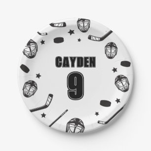 Hockey black and White Birthday Paper Plate