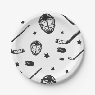 Hockey black and White Birthday Paper Plate