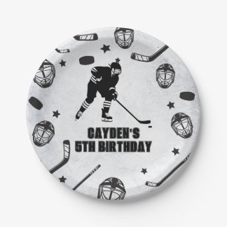 Hockey black and White Birthday Paper Plate
