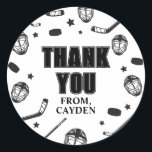 Hockey black and White Birthday Thank You Classic Round Sticker<br><div class="desc">Black and White Hockey Birthday thank you favour stickers.</div>
