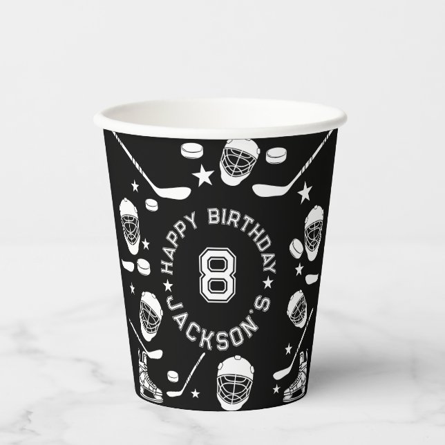 Hockey black and White Themed Kids Birthday Party Paper Cups (Front)