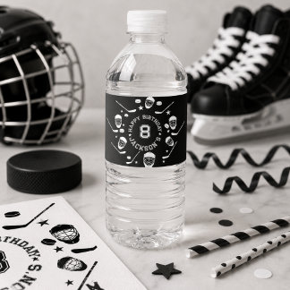 Hockey black and White Themed Kids Birthday Party Water Bottle Label
