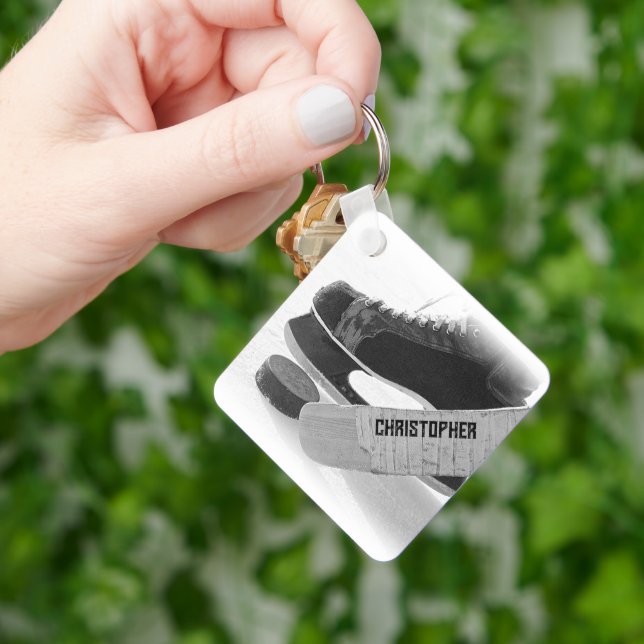 Hockey Black Skates Personalized Keychain (Hand)